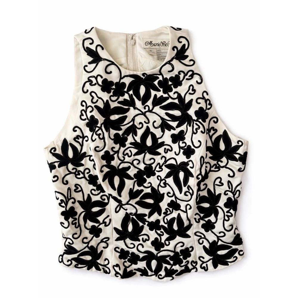 Marie St. Claire Vintage Velvet Embroidered Crop Top Ivory‎ Black Floral Size 8